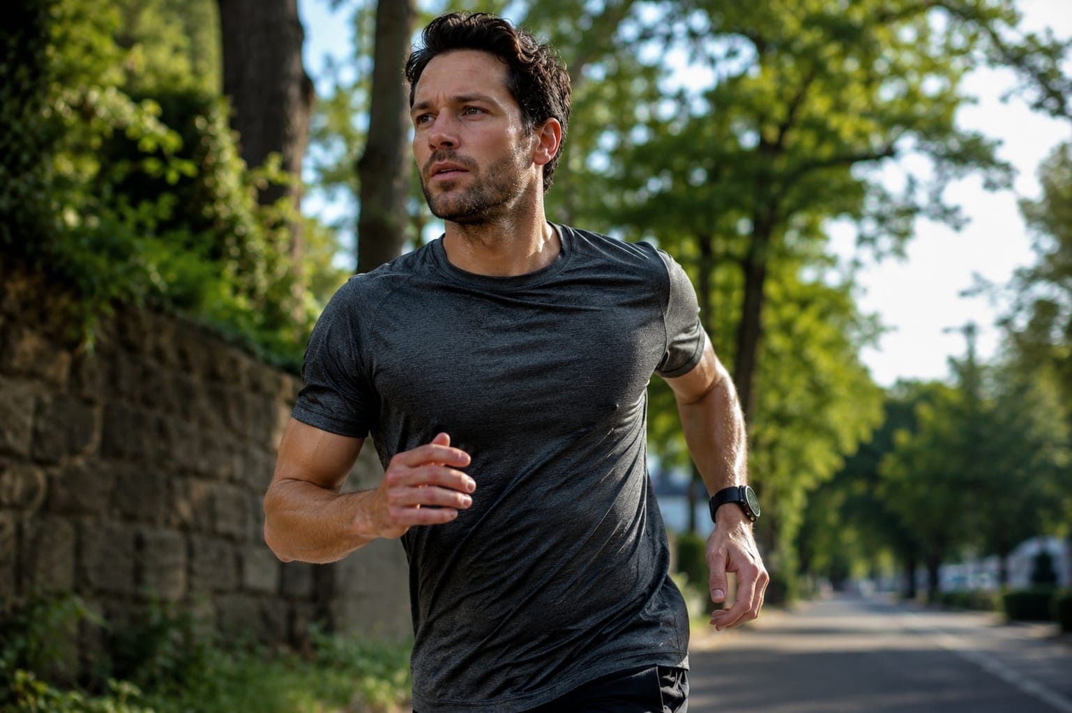 A man in his early 30s mid-run outdoors in daylight, expression of controlled physical effort, natural movement
