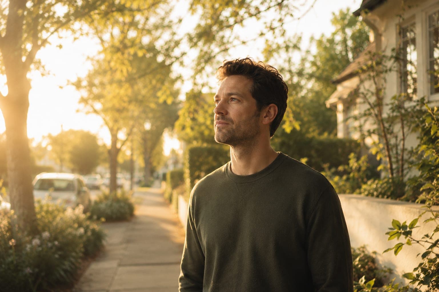 A man in his early 30s standing outdoors in early morning sunlight, face slightly upturned, relaxed posture, bright natural light