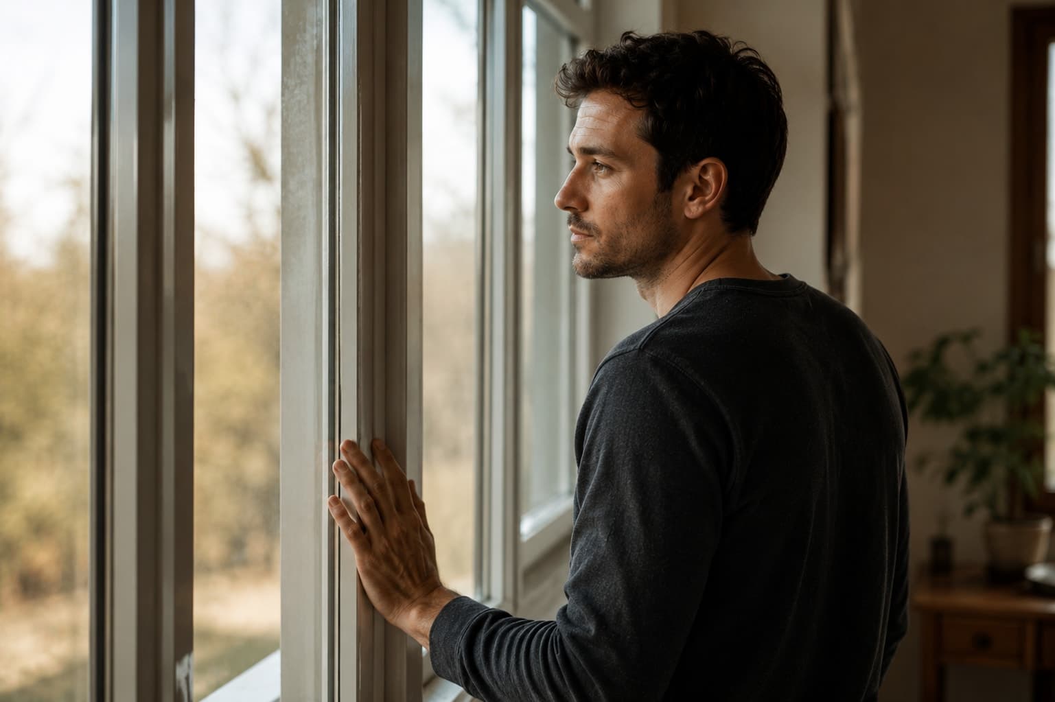 Man standing by a window in quiet morning light, contemplating a return to a missed habit