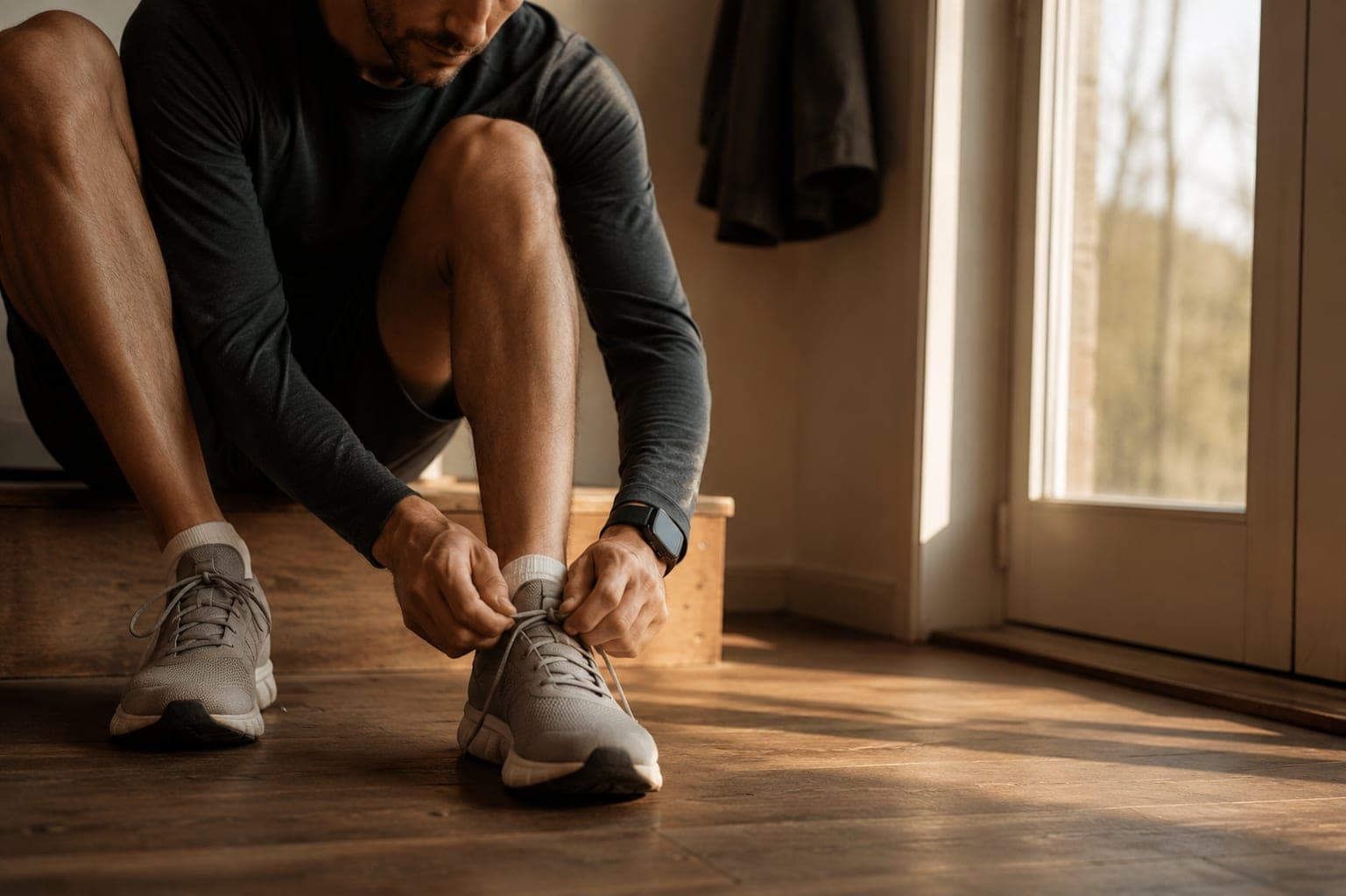 Man in early morning performing a deliberate small action — lacing shoes or writing in a journal, the moment of intentional return