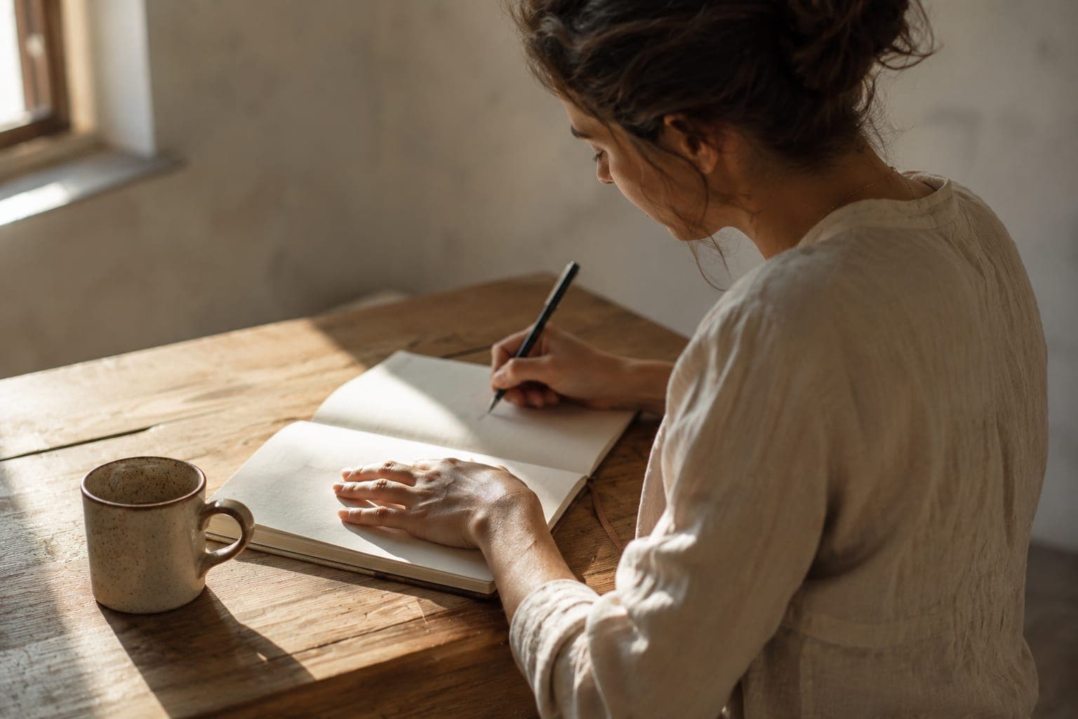 Woman in her early thirties sitting at a desk writing in a journal in morning light, expression of quiet deliberate reflection — the act of interpreting behavioral evidence as identity