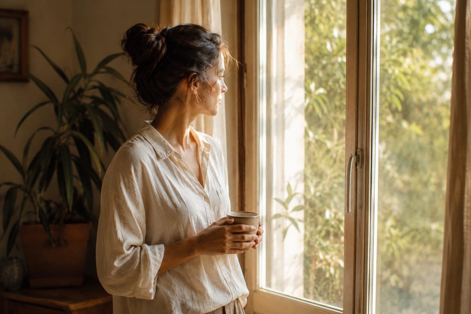 Woman in her early thirties standing at a window with morning coffee, unhurried and settled, natural light — the feeling of a behavior that no longer requires effort because identity and action have synchronized