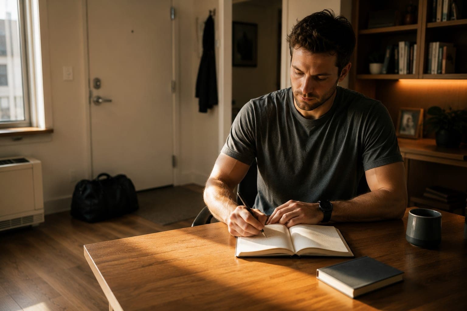 Man in his early thirties at a well-organized desk in morning light, gym bag visible by the door, book open on the table — a context deliberately designed to prompt specific behaviors without requiring conscious effort