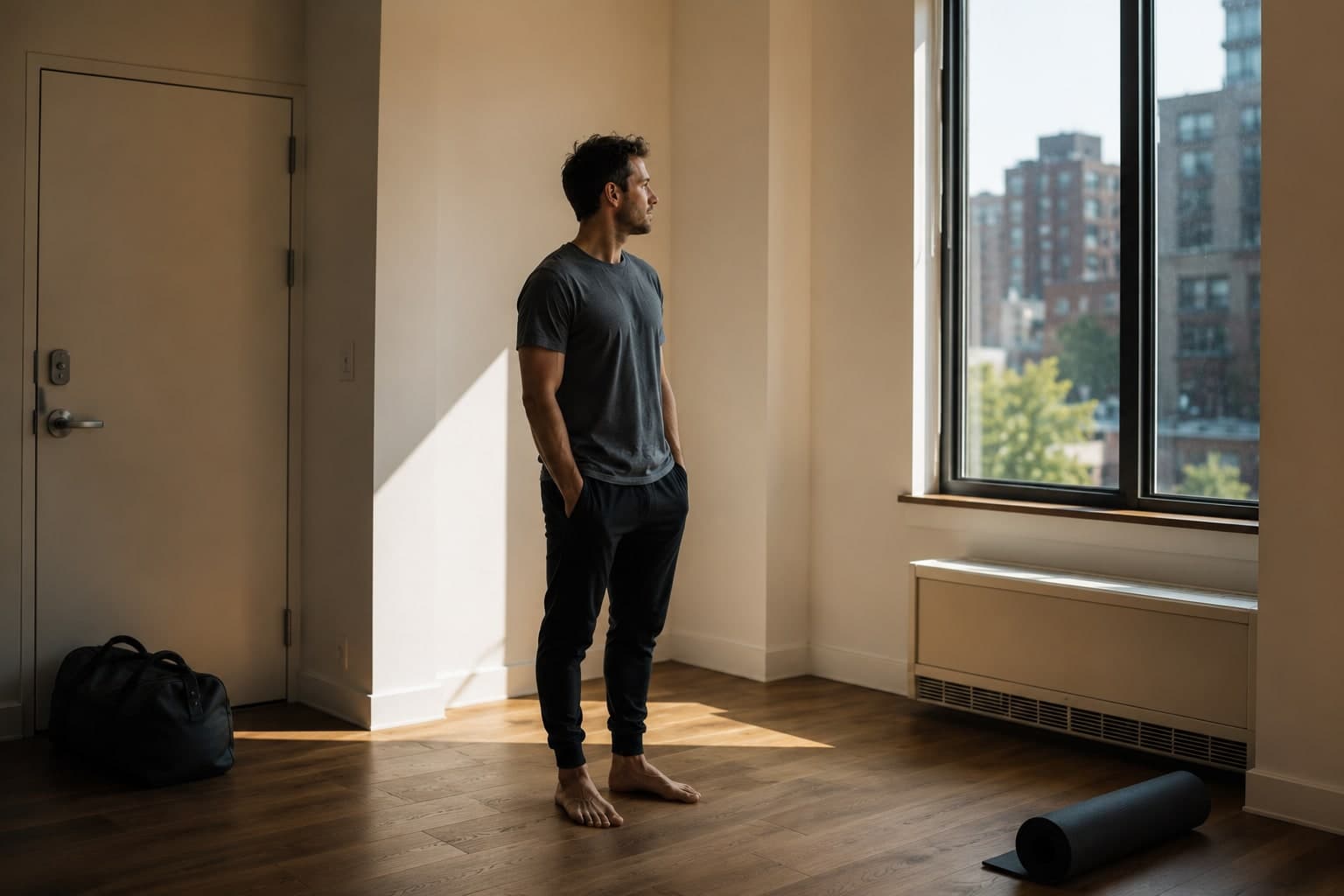 Man in his early thirties standing at the entrance of a new, largely unfurnished apartment, morning light, expression of quiet deliberate orientation — the moment of a context transition before old patterns reassert