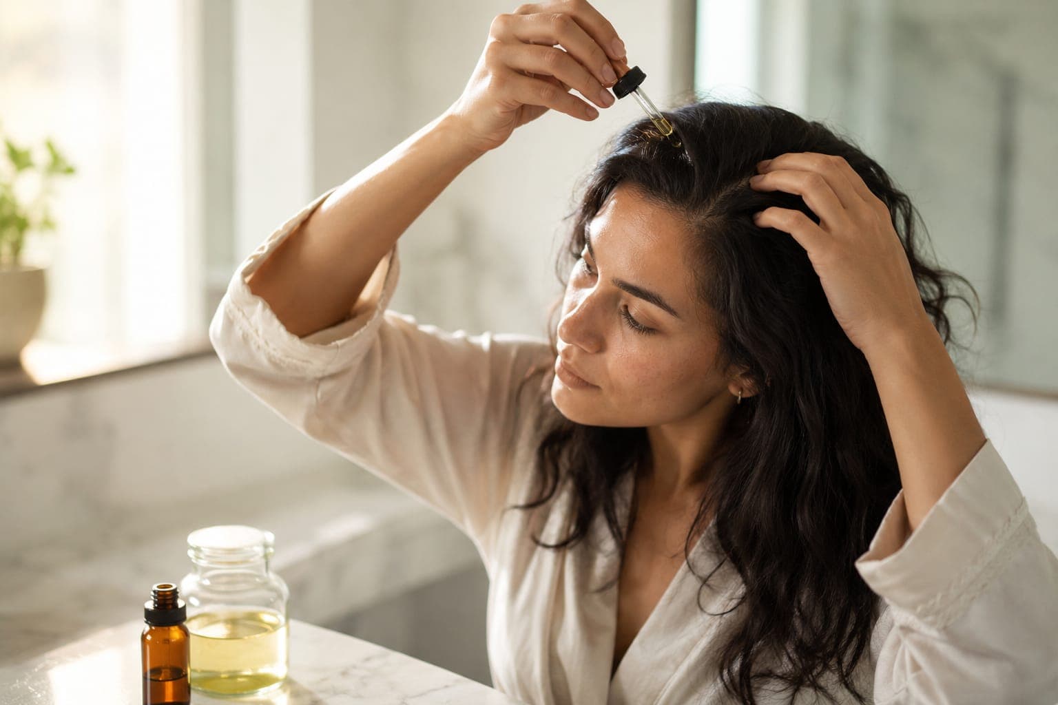 Woman in her early thirties applying diluted rosemary oil to her scalp in morning light, precise and deliberate application to the hairline and crown area, not performative