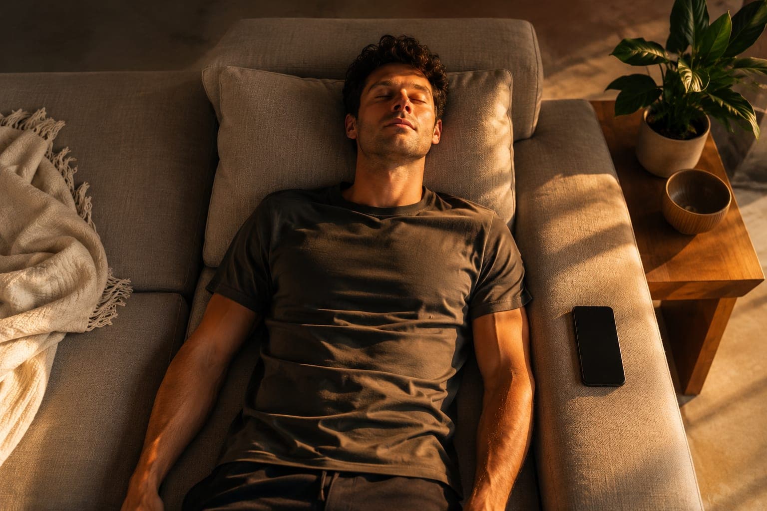 Man lying on a minimal couch with eyes closed, phone placed face-down nearby, warm light, deliberate rest position showing the NSDR setup for daytime cognitive recovery
