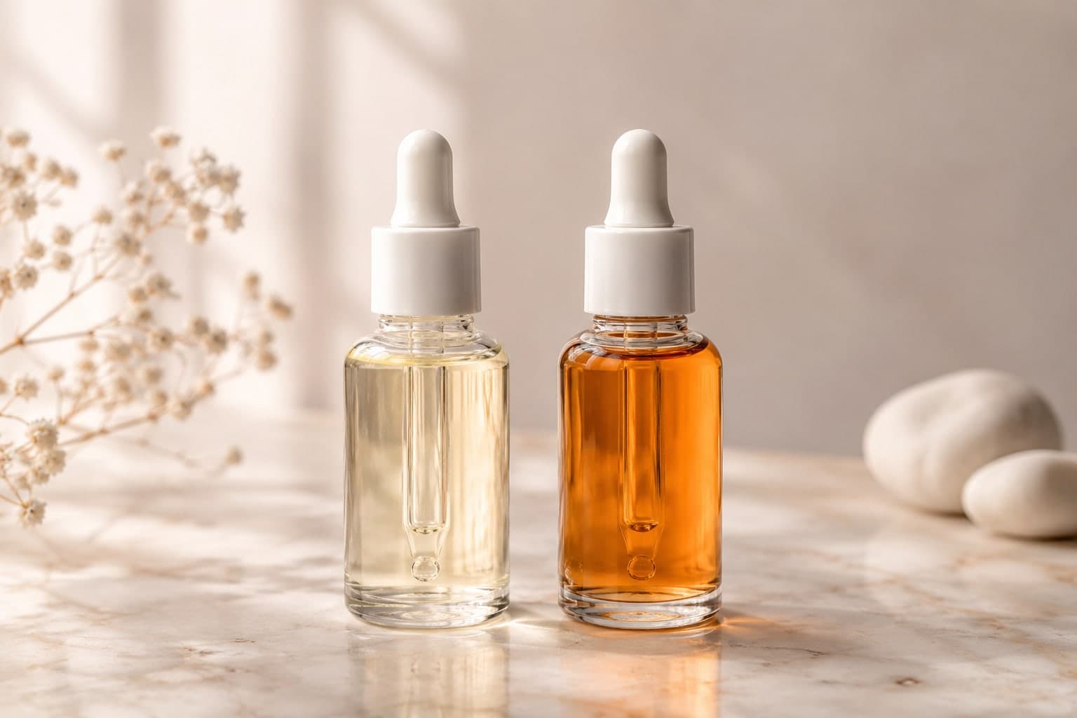 Two identical glass dropper bottles side by side on marble, left bottle with pale yellow active vitamin C serum, right bottle with orange oxidized serum showing the visible result of L-ascorbic acid degradation