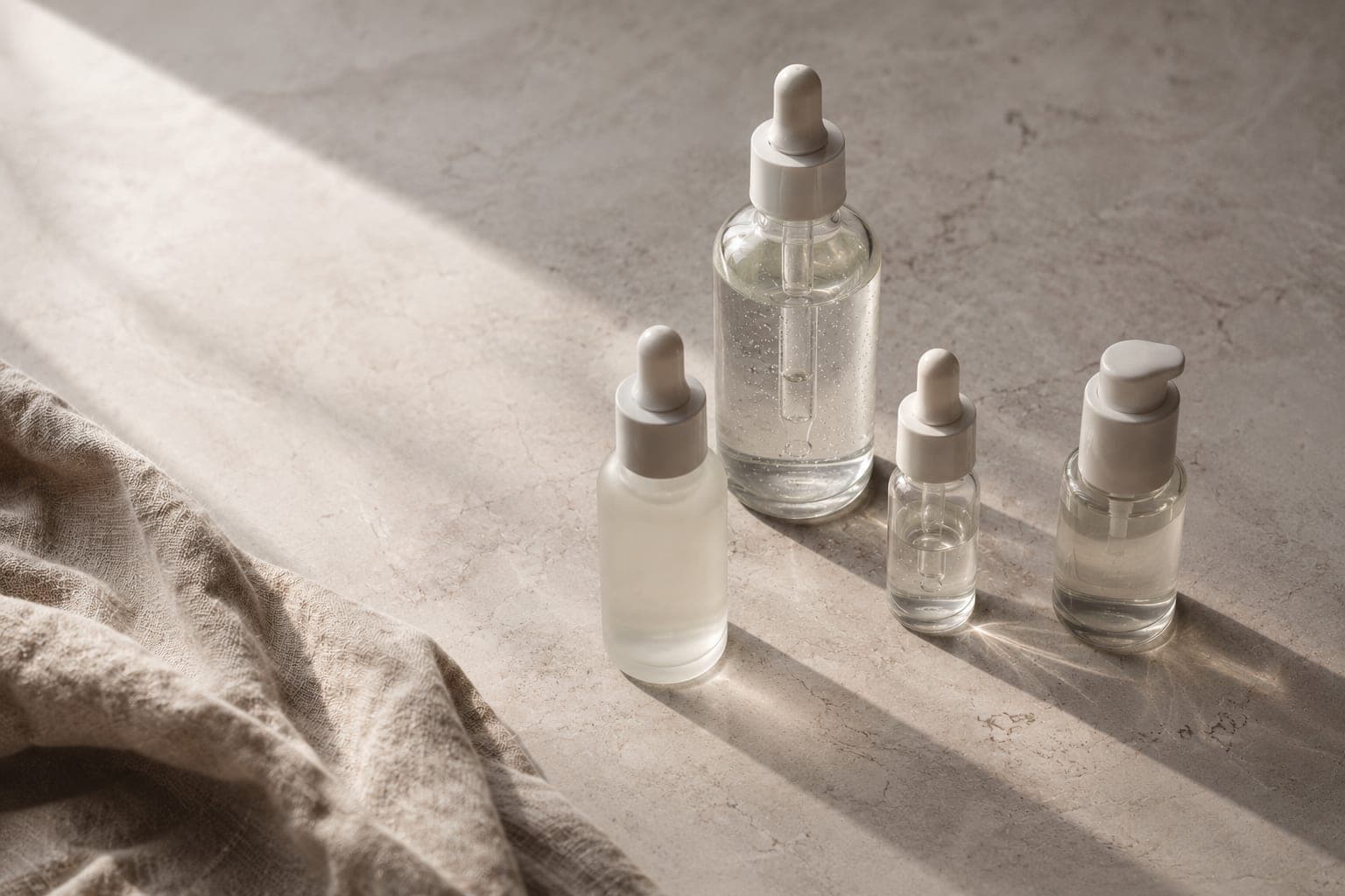 Minimalist editorial flat-lay of glass skincare serum bottles on travertine marble surface with linen cloth, representing a thoughtfully curated skincare routine built around stable vitamin C derivatives