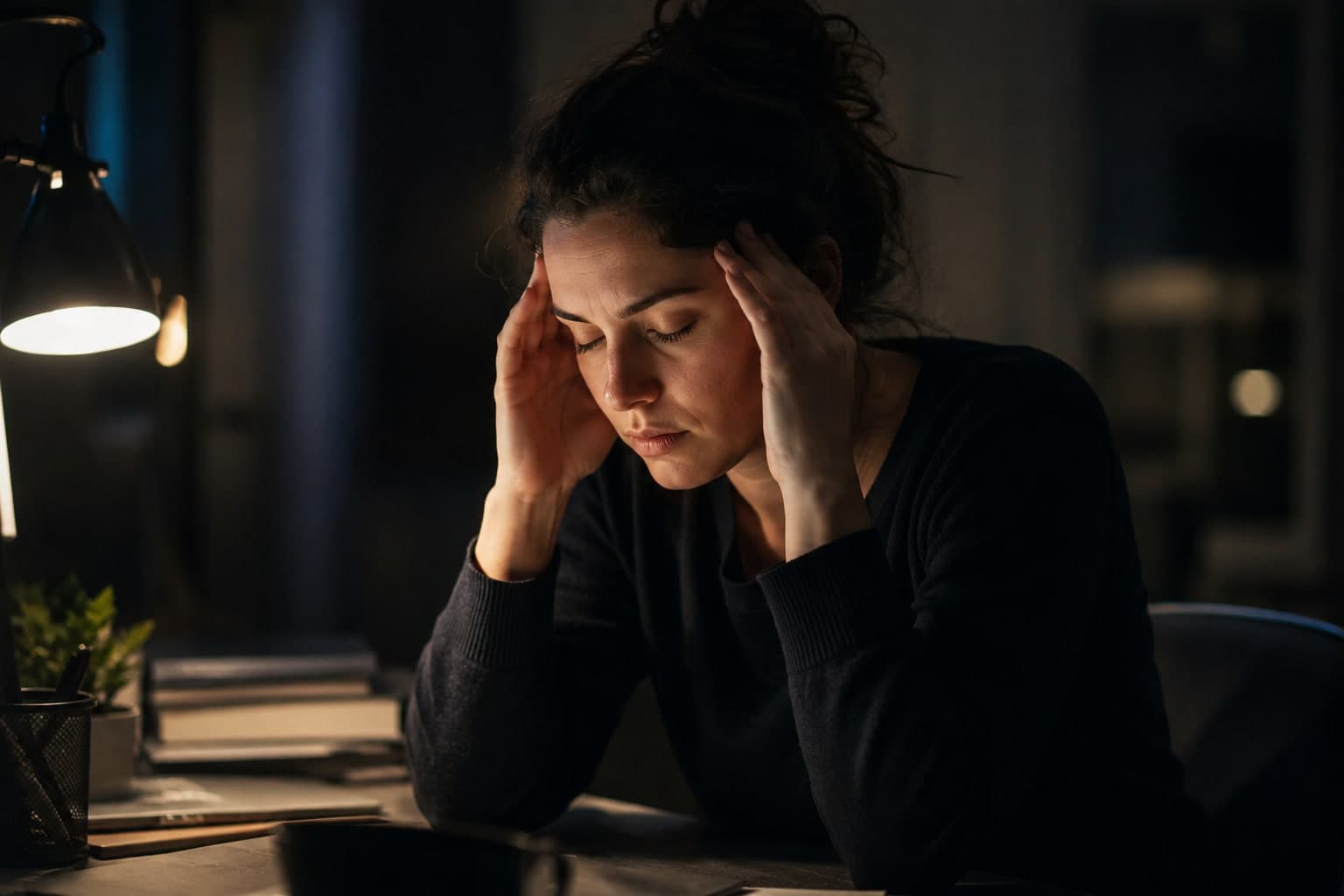 Woman in her early 30s sitting at a dimly lit desk at night, eyes closed, fingertips pressed to her temples, face expressing quiet overwhelm