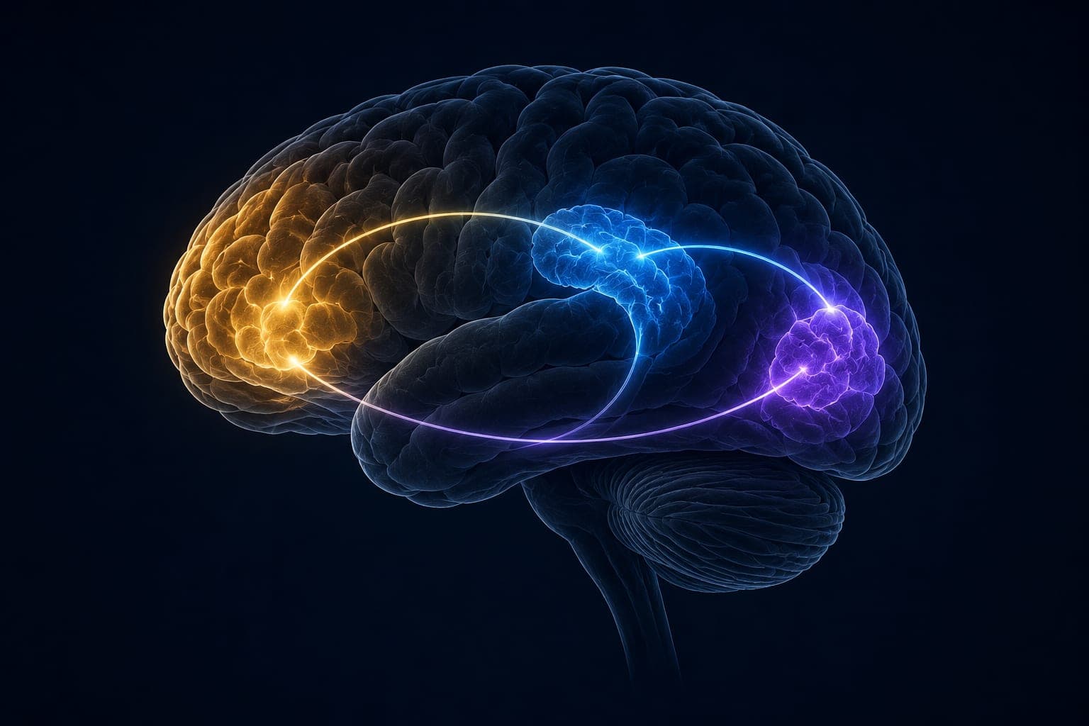 Scientific illustration of the brain's default mode network with medial prefrontal cortex, posterior cingulate cortex and angular gyrus regions highlighted in deep blue on a dark background