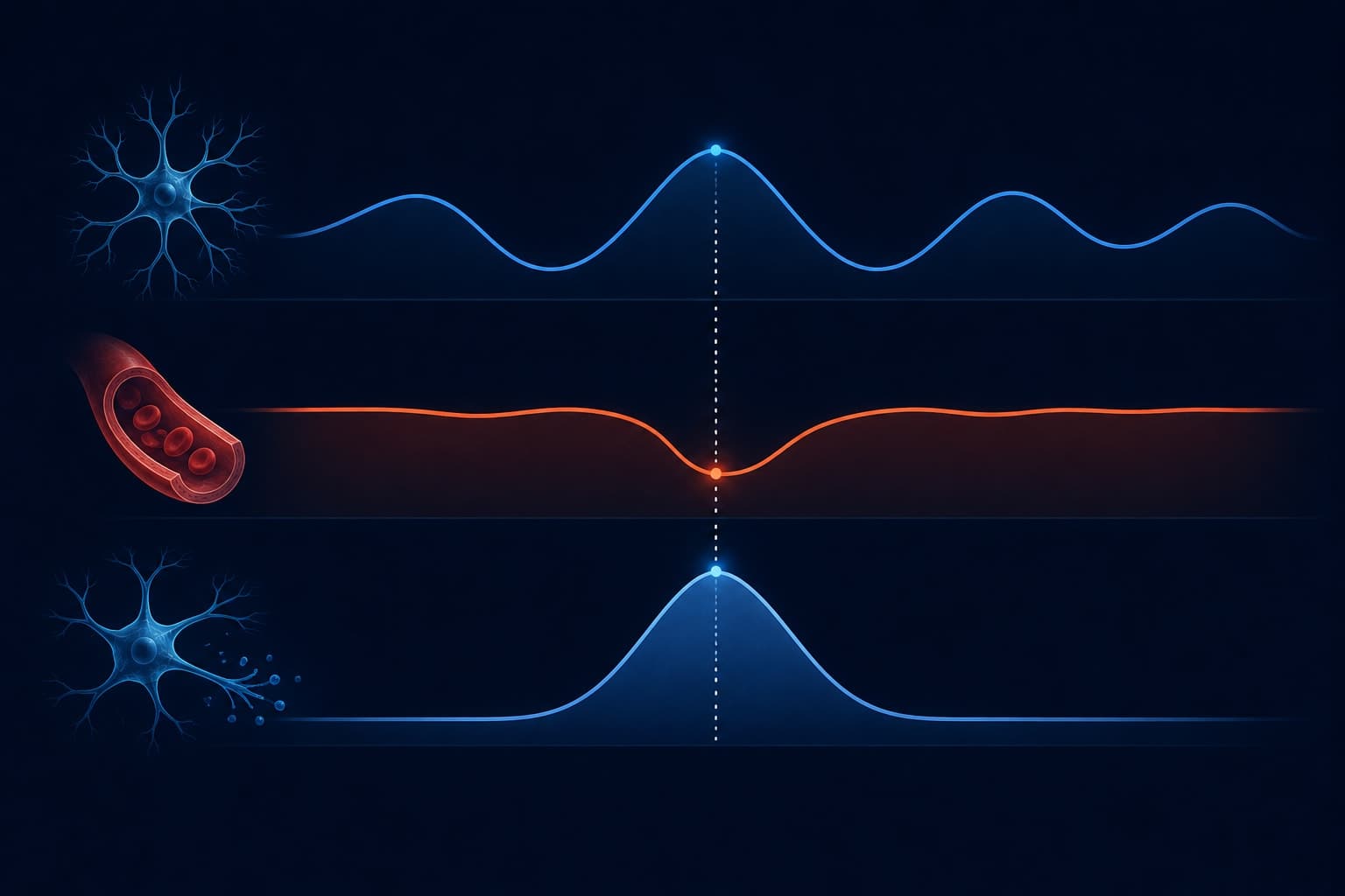 Data visualization diagram showing the coupling between slow neural oscillations, cerebral blood volume reduction, and pulsatile cerebrospinal fluid influx during deep sleep stages