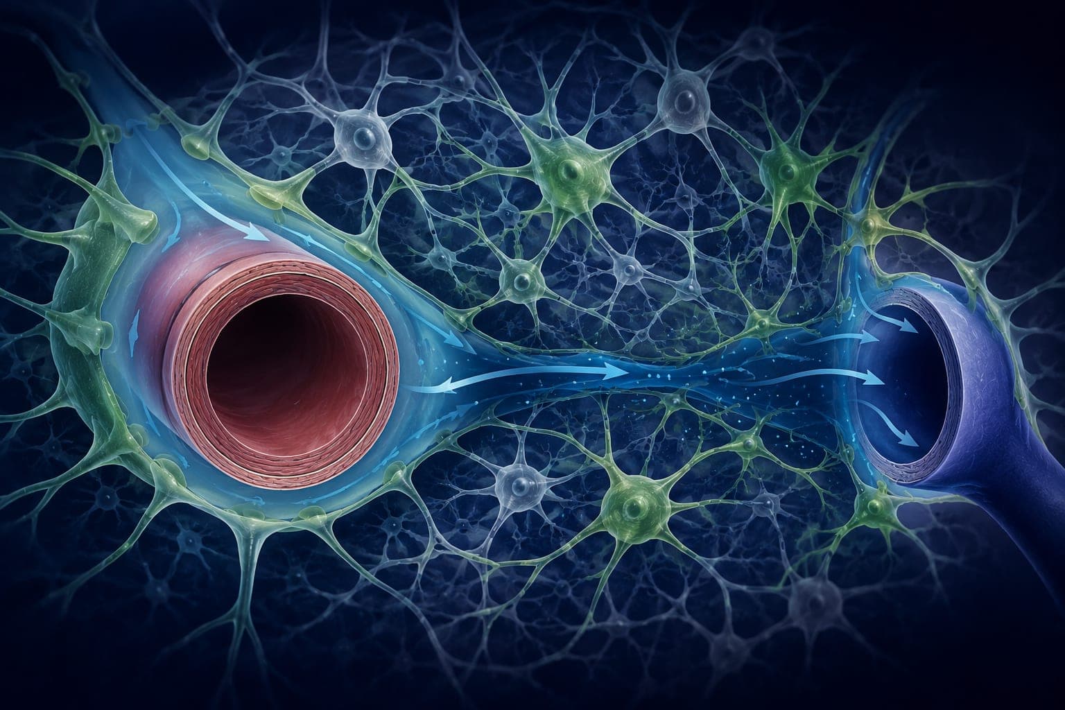 Scientific illustration of the glymphatic pathway showing cerebrospinal fluid entering through arterial paravascular spaces, flowing through astrocyte-lined channels around neurons, and exiting through venous spaces carrying metabolic waste