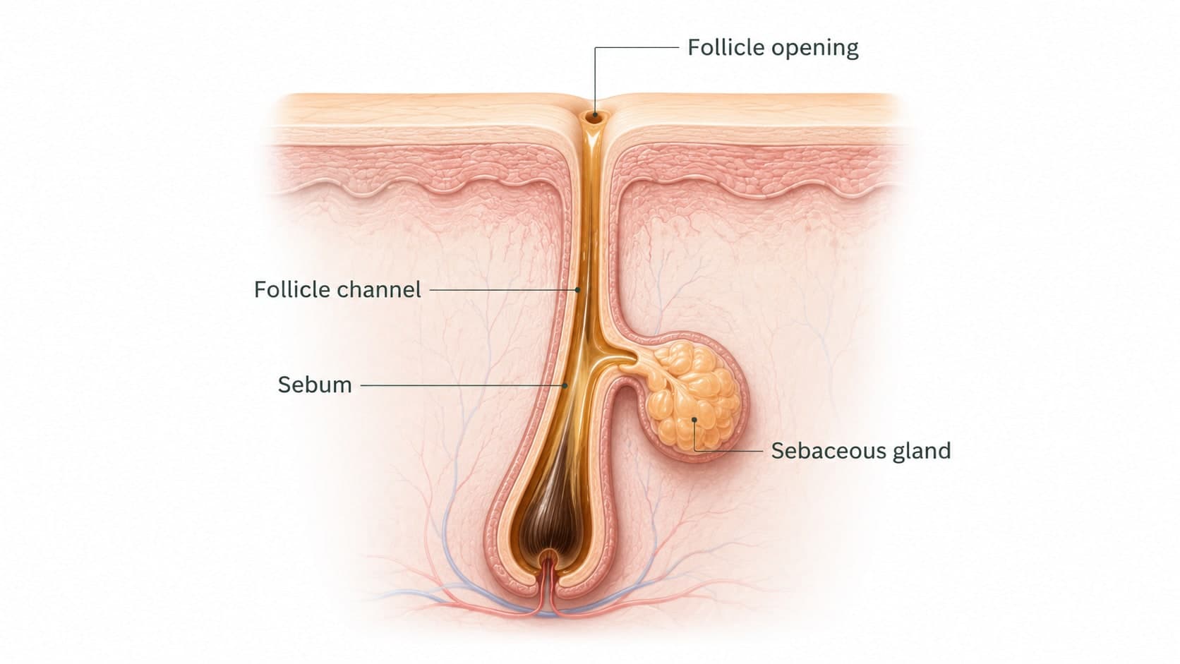 Scientific cross-section illustration of a skin follicle showing the sebaceous gland, follicle channel, sebum flow, and the follicle opening at the skin surface with no surrounding muscle tissue