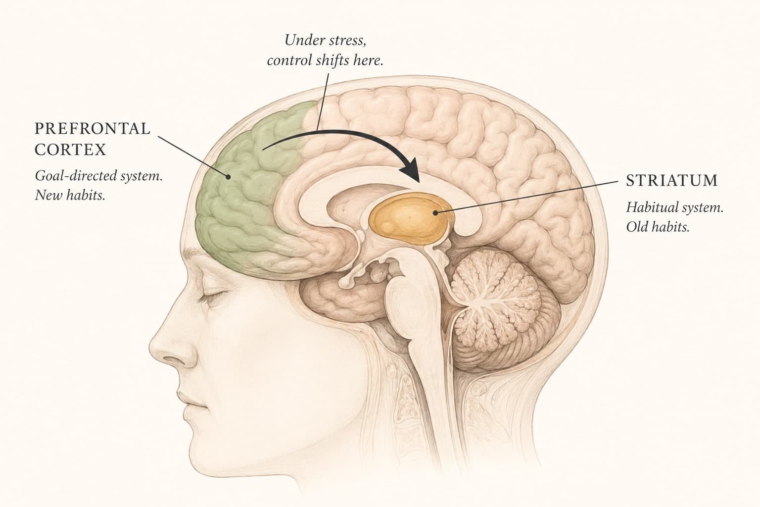 Scientific illustration of the human brain showing the prefrontal cortex labeled as the goal-directed control system and the striatum labeled as the habitual control system, with an arrow indicating the shift in control from prefrontal cortex to striatum under stress