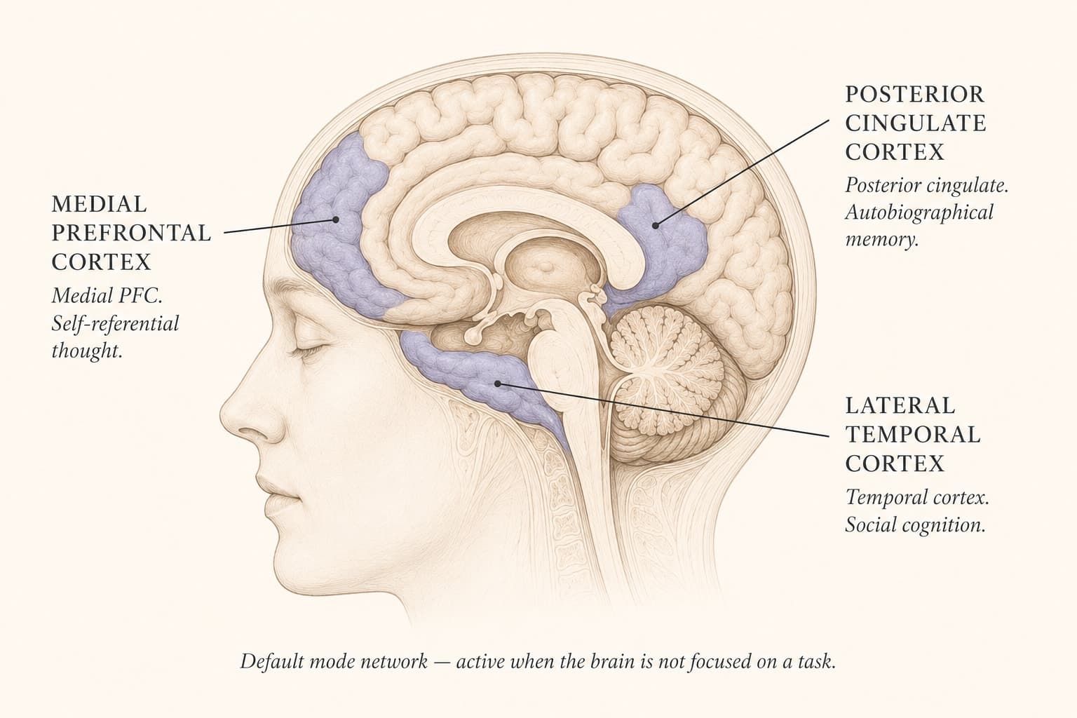 Scientific illustration of the default mode network in the human brain, highlighting the medial prefrontal cortex, posterior cingulate cortex, and temporal regions involved in self-referential thought and social cognition