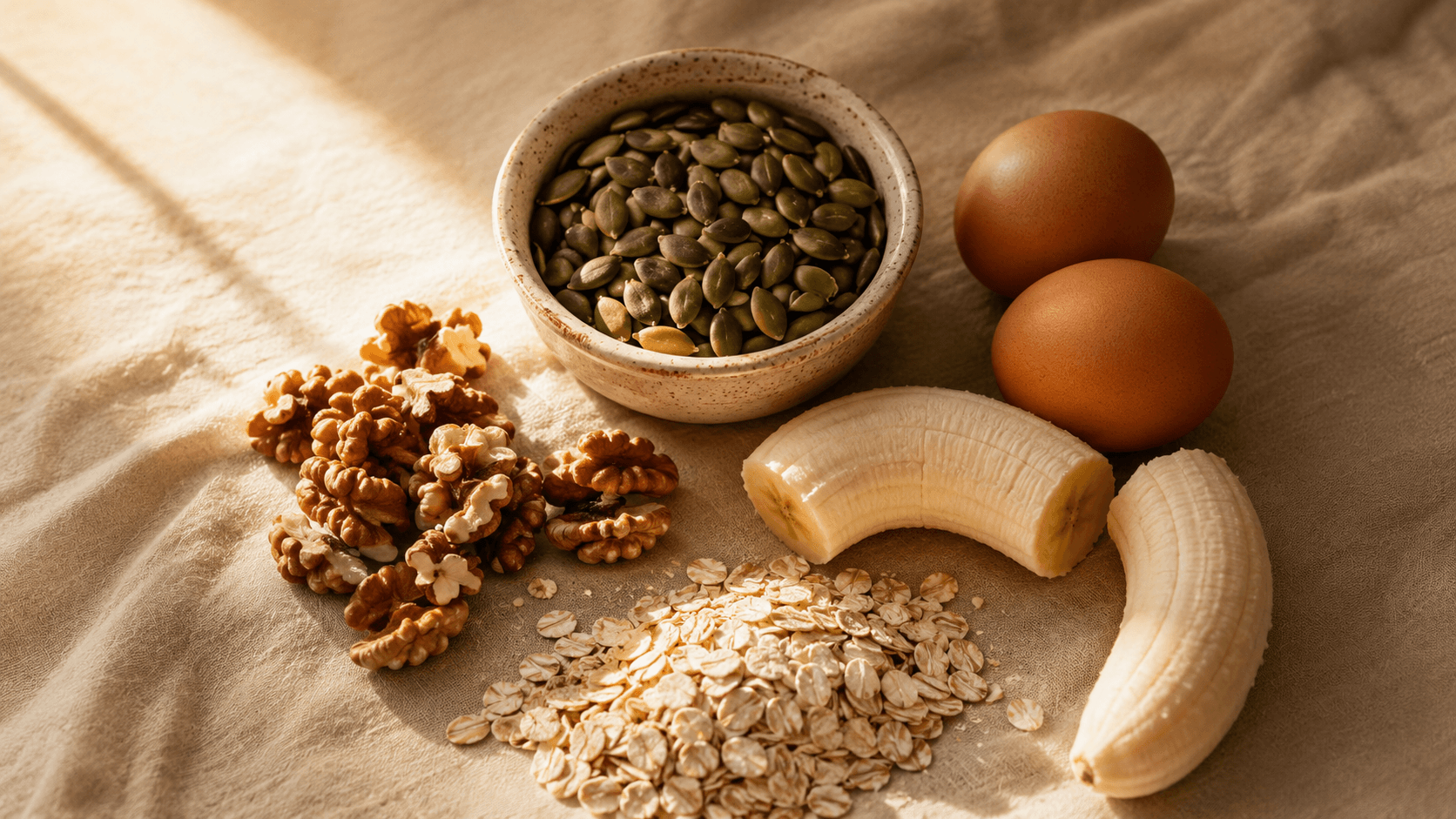 Editorial flat-lay of tryptophan-rich whole foods including pumpkin seeds, brown eggs, banana, walnuts and rolled oats on warm linen cloth with golden morning light