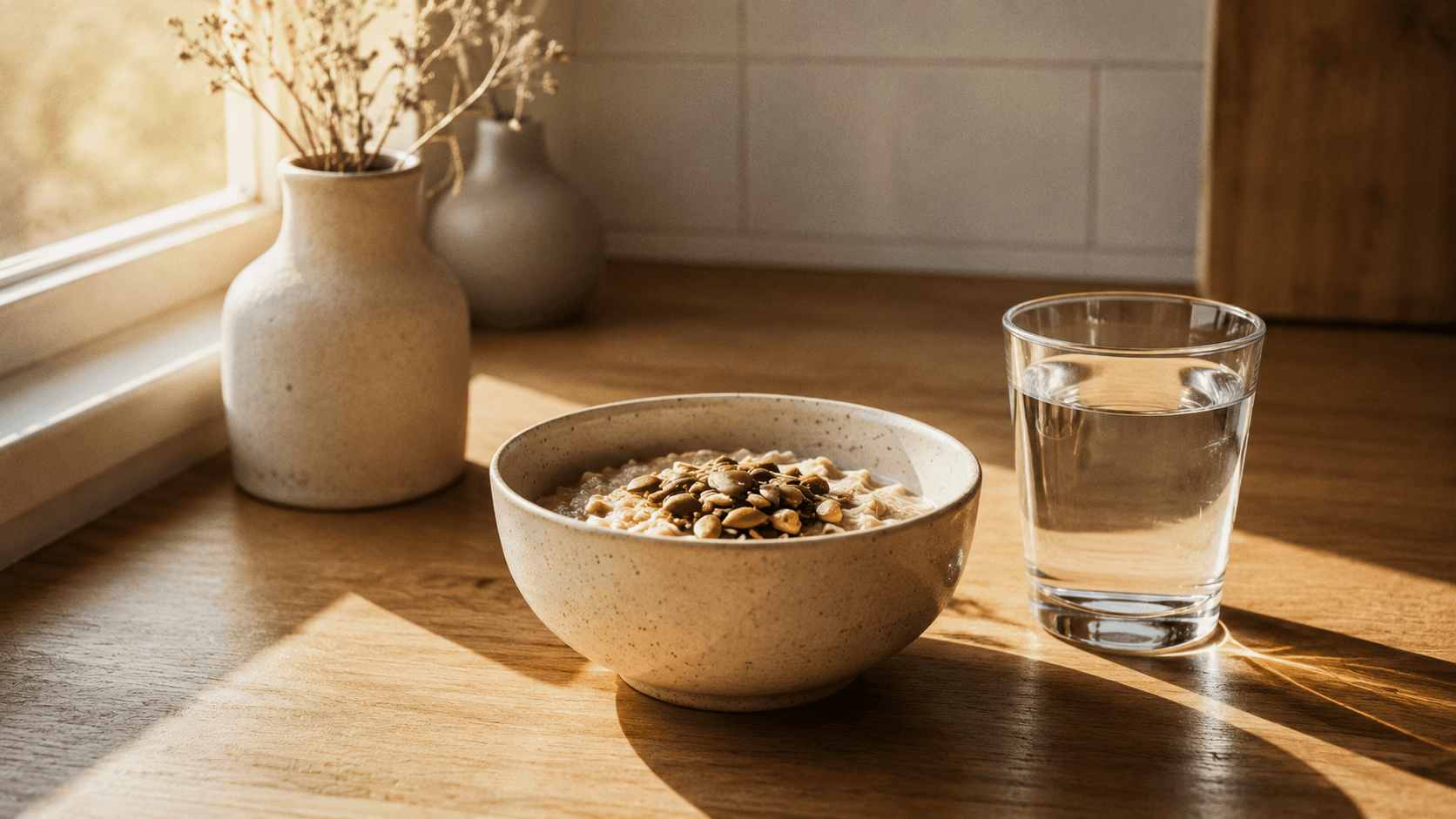 Minimal kitchen counter at early morning with a ceramic bowl of oats topped with seeds and a glass of water, warm golden sunlight streaming through a window