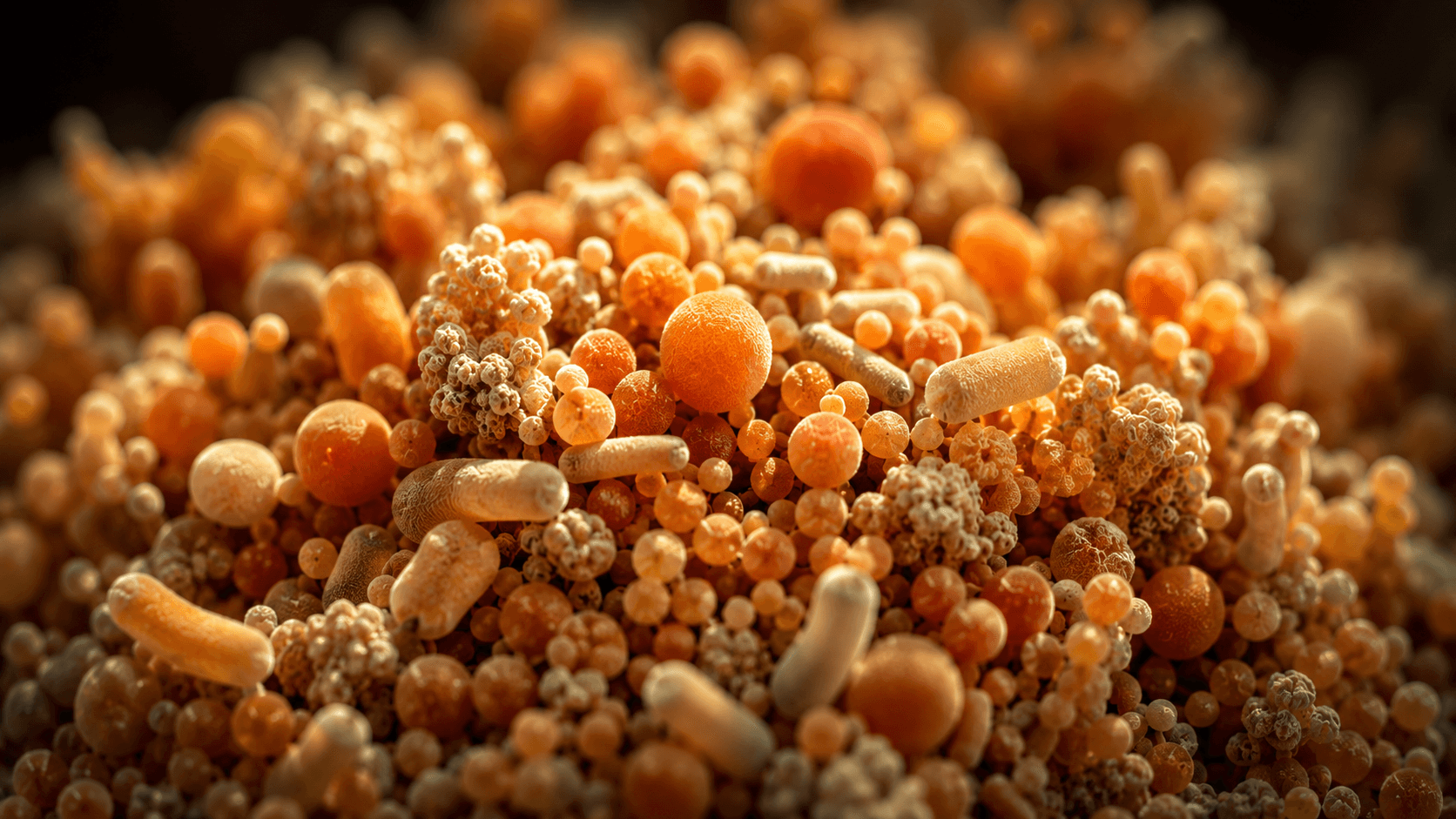 Extreme macro view of a dense gut microbiome bacterial community in warm amber and terracotta tones, resembling a living coral reef under golden light