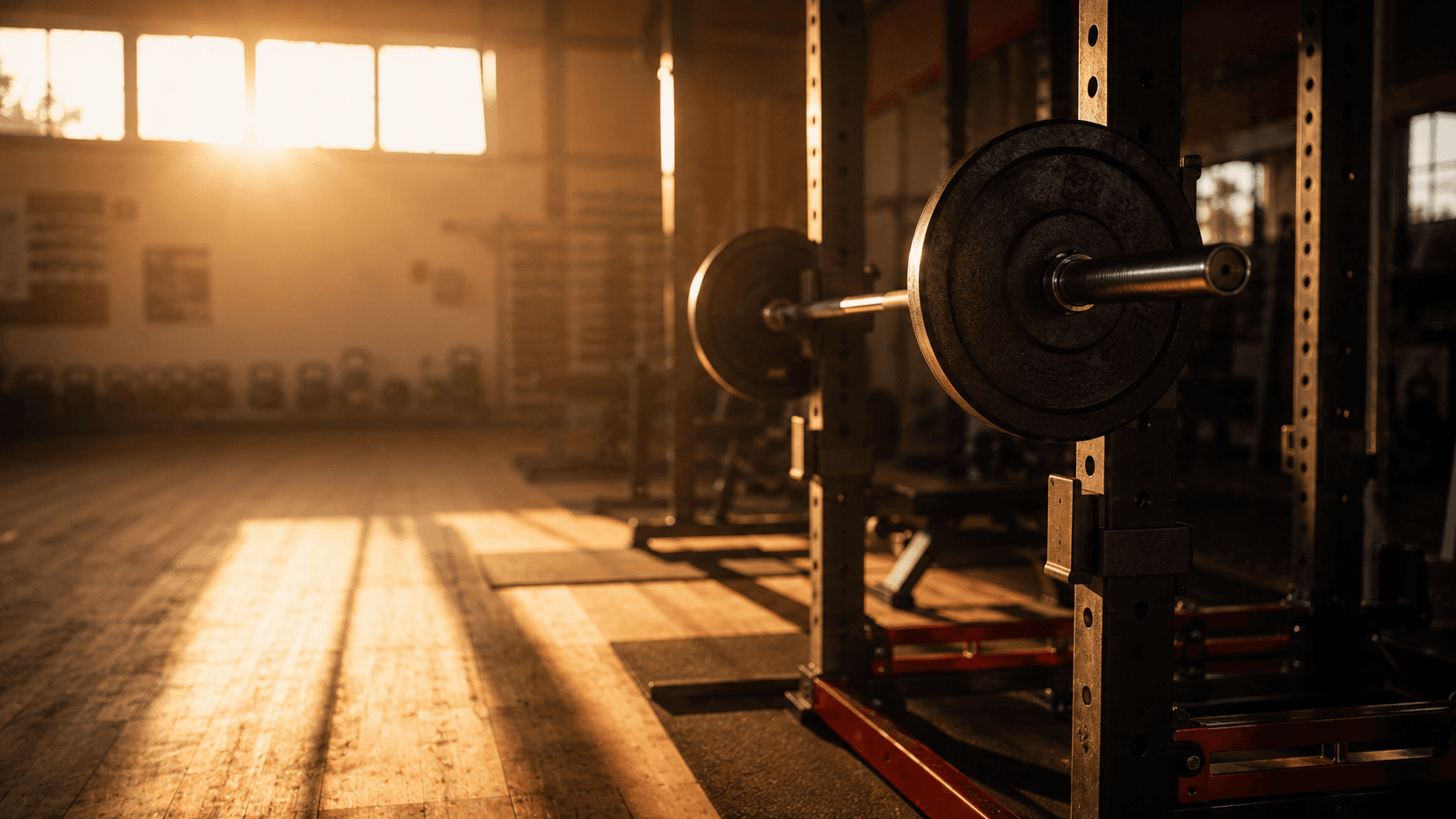 Empty gym at golden hour with a barbell loaded on a squat rack, warm sunlight streaming through high windows casting long shadows across a wooden floor — calm, intentional, unhurried