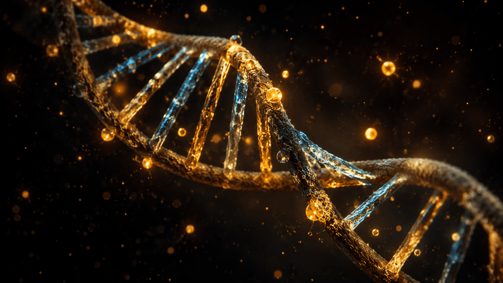 Cinematic close-up of a DNA double helix in gold and blue tones with luminous amber particles representing methylation tags floating around and attached to the strand