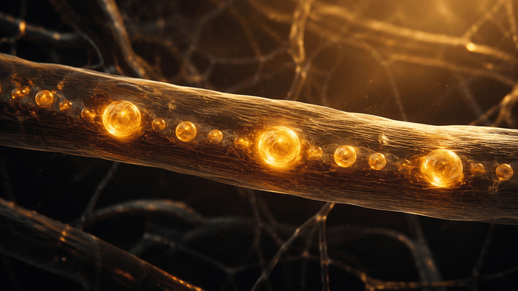 Cinematic macro visualization of a single muscle fiber with multiple glowing golden nuclei — myonuclei — visible inside it like luminous pearls, surrounded by dark anatomical space