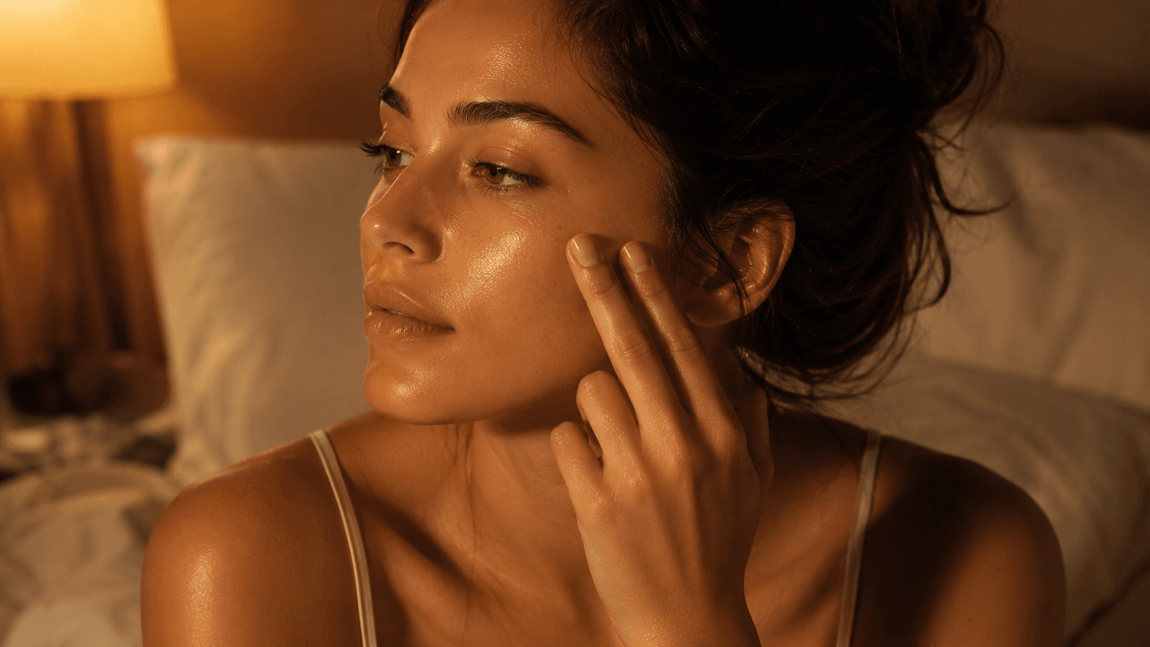 Young woman with radiant glowing skin gently pressing her fingertips to her cheekbone in an evening skincare ritual, warm amber bedside lamp light, cozy nighttime bedroom setting