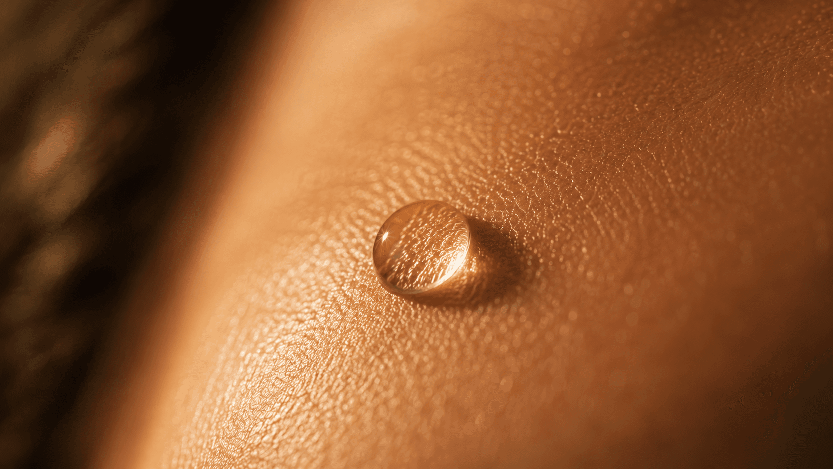 Extreme macro close-up of healthy skin surface with a golden water droplet sitting on the stratum corneum, illustrating the skin barrier's water-repelling function