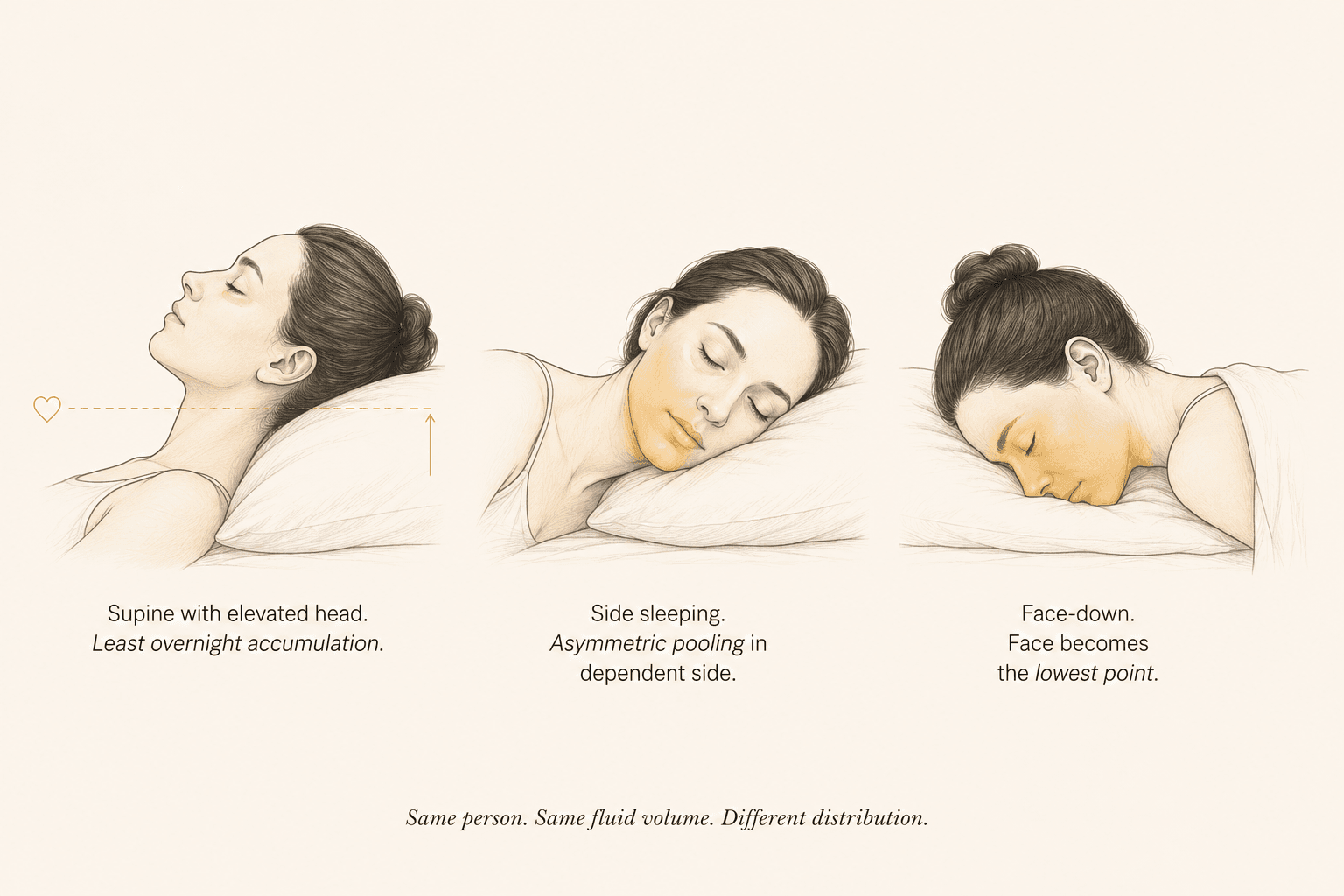 Scientific illustration comparing three sleep positions (supine on back, side, face-down) with subtle visualization of how fluid distributes in the facial tissues differently in each position