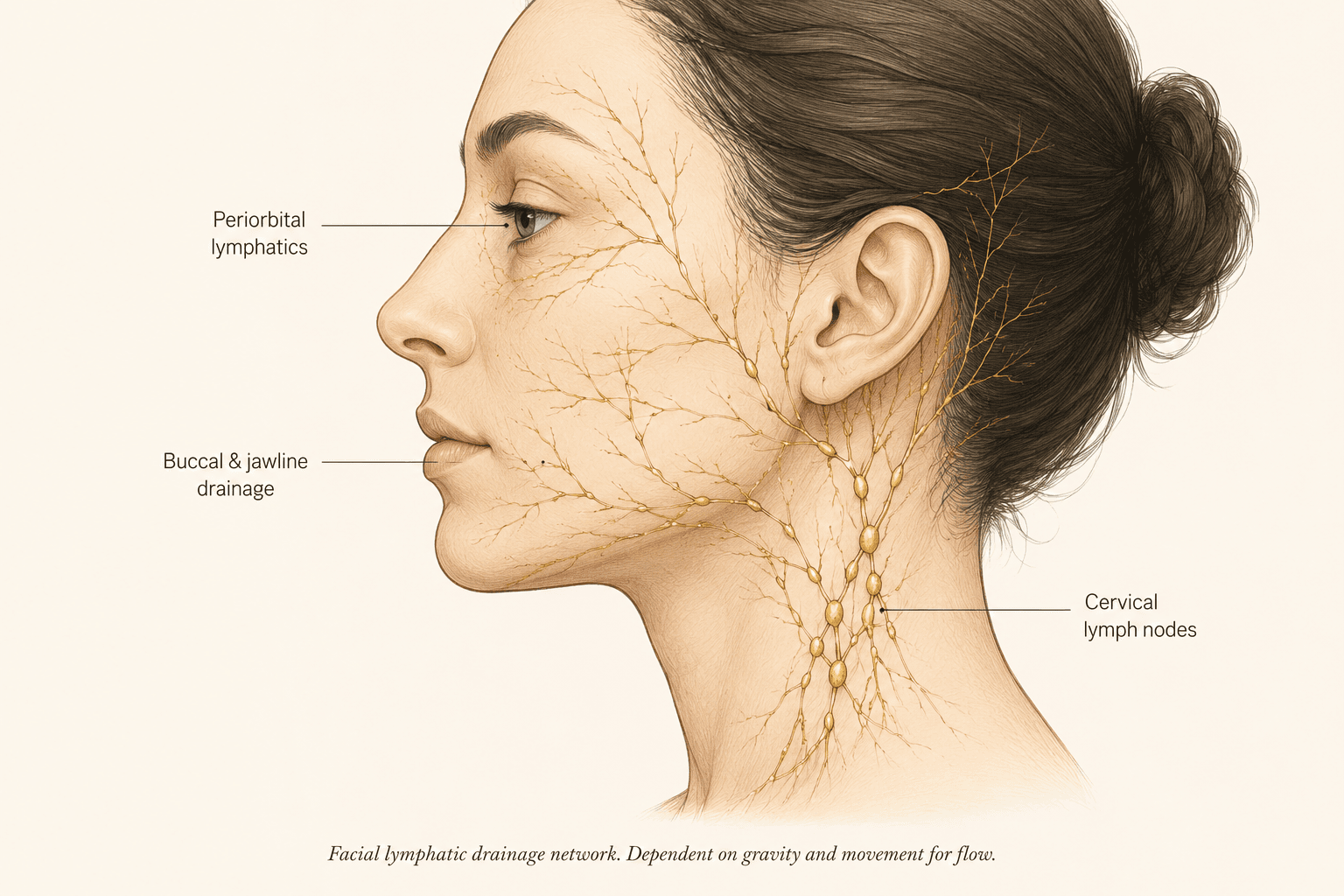 Scientific illustration of the lymphatic drainage system in the human face and neck, showing the dense network of lymphatic vessels around the eyes, along the jawline, and converging in the cervical lymph nodes of the neck