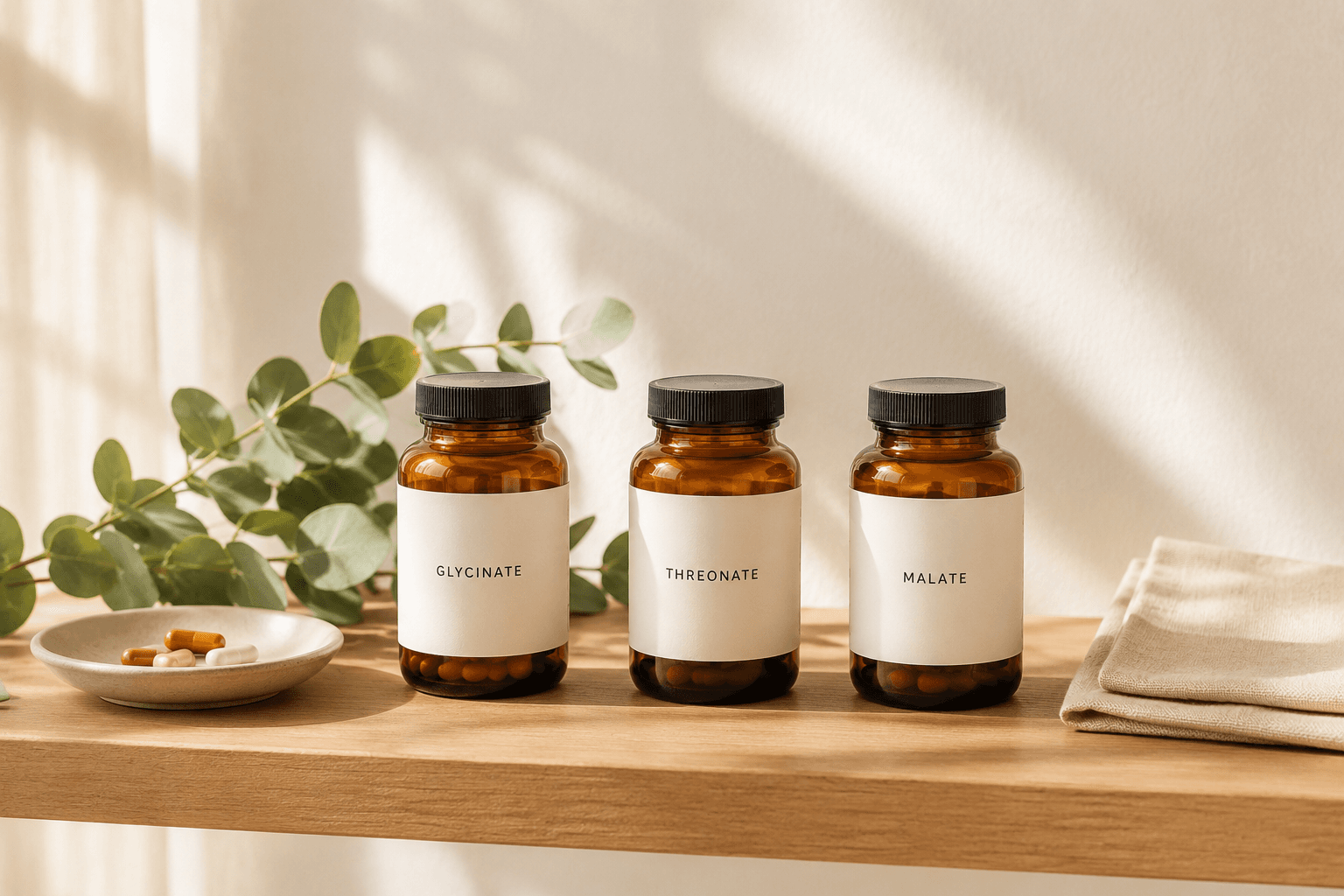 Three amber magnesium bottles labeled glycinate, threonate, and malate on a wood shelf, illustrating the rotation protocol