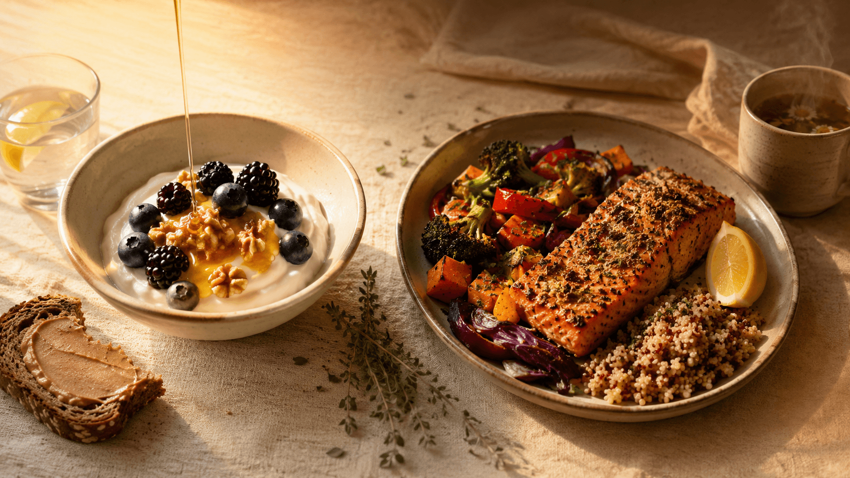 Editorial food photography split composition showing a cortisol-supportive morning plate with Greek yogurt, berries, walnuts and honey drizzle beside whole-grain toast next to a cortisol-supportive evening plate with baked salmon, roasted rainbow vegetables and quinoa, warm morning light on left transitioning to soft amber evening light on right, natural linen surface