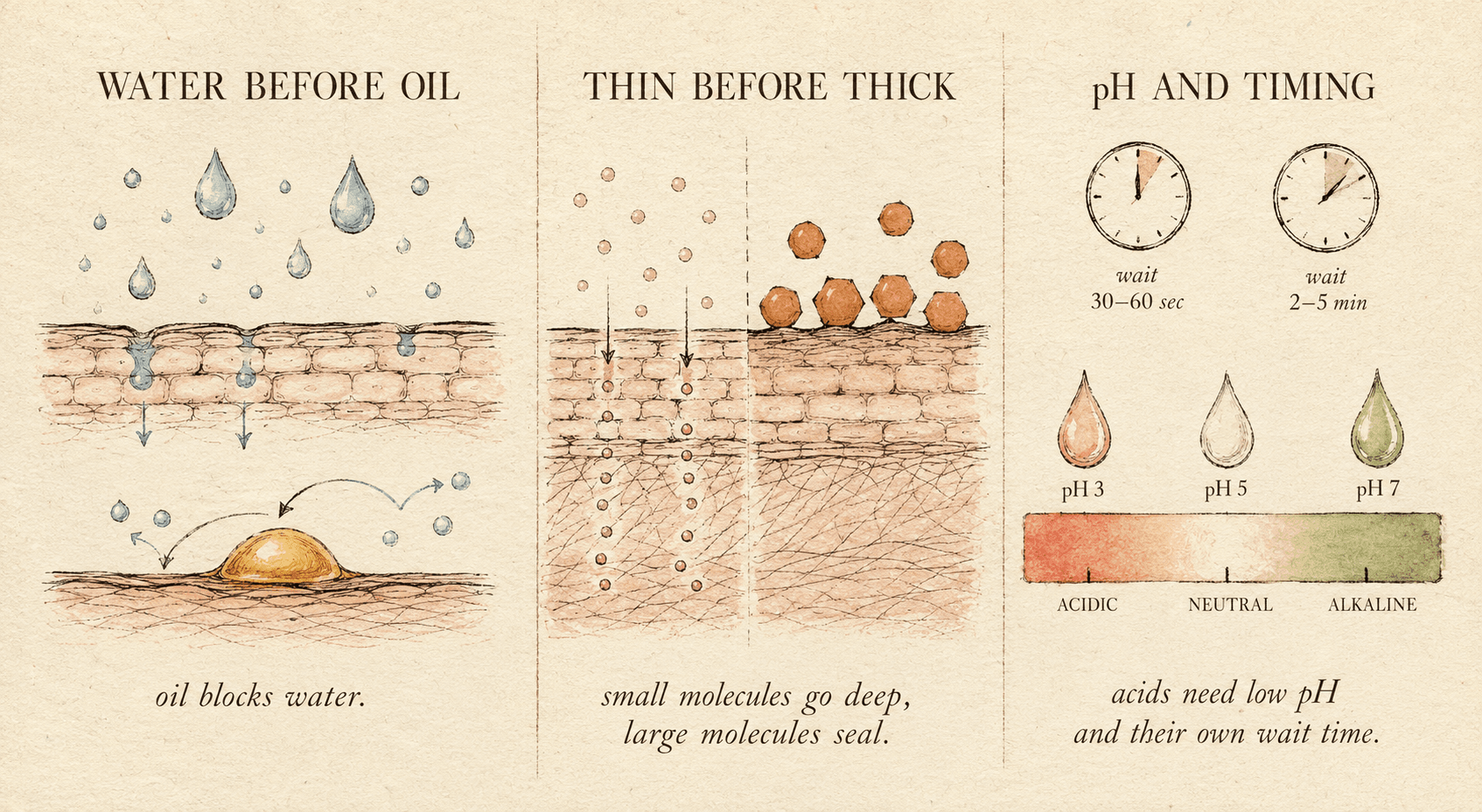 Editorial illustration of the three skincare layering rules: water before oil, thin before thick, and pH with timing, shown as three integrated visual concepts on warm textured paper