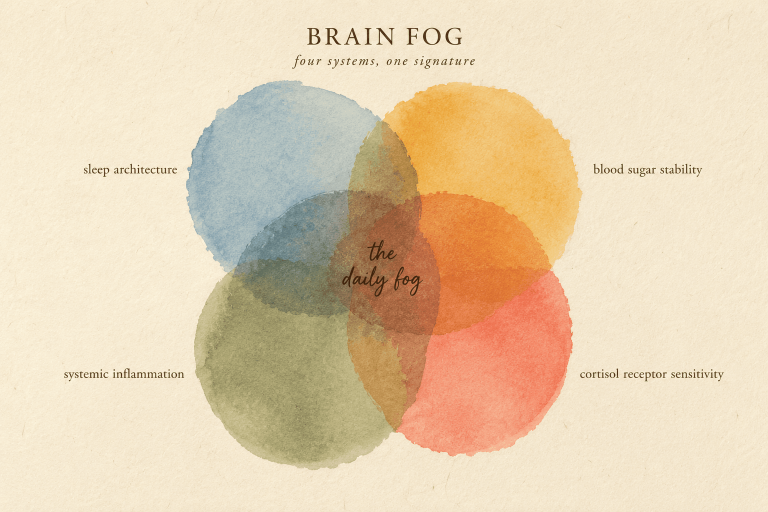 Editorial illustration of the four overlapping systems that create brain fog: sleep architecture, blood sugar stability, systemic inflammation, and cortisol receptor sensitivity