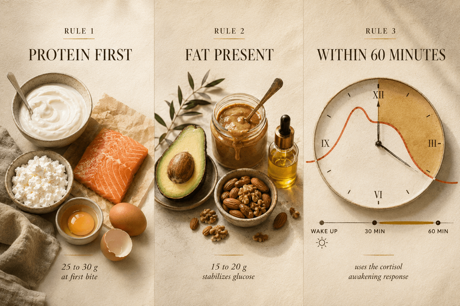 Editorial illustration of the three rules of anti-cortisol breakfast: 25 to 30 grams of protein first, 15 to 20 grams of fat present, and eaten within 60 minutes of waking