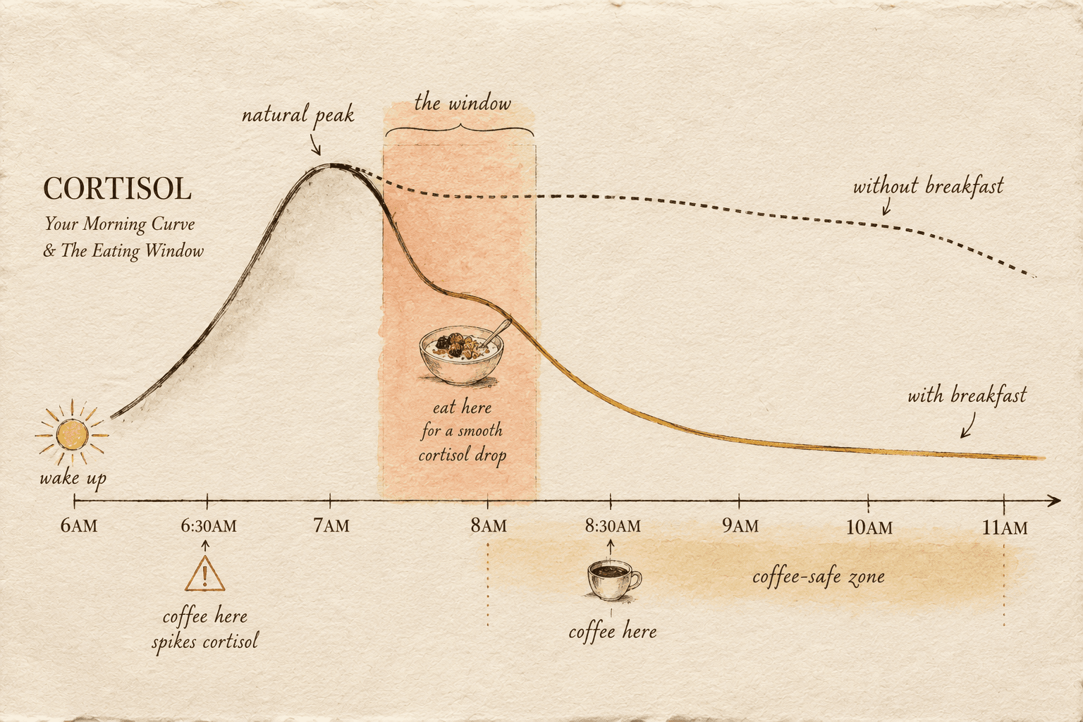 Editorial illustration of the morning cortisol curve showing the natural peak 30 to 45 minutes after waking, the ideal eating window between 7 and 8 am, and the difference between the healthy drop after breakfast and the extended elevated plateau when no breakfast is eaten