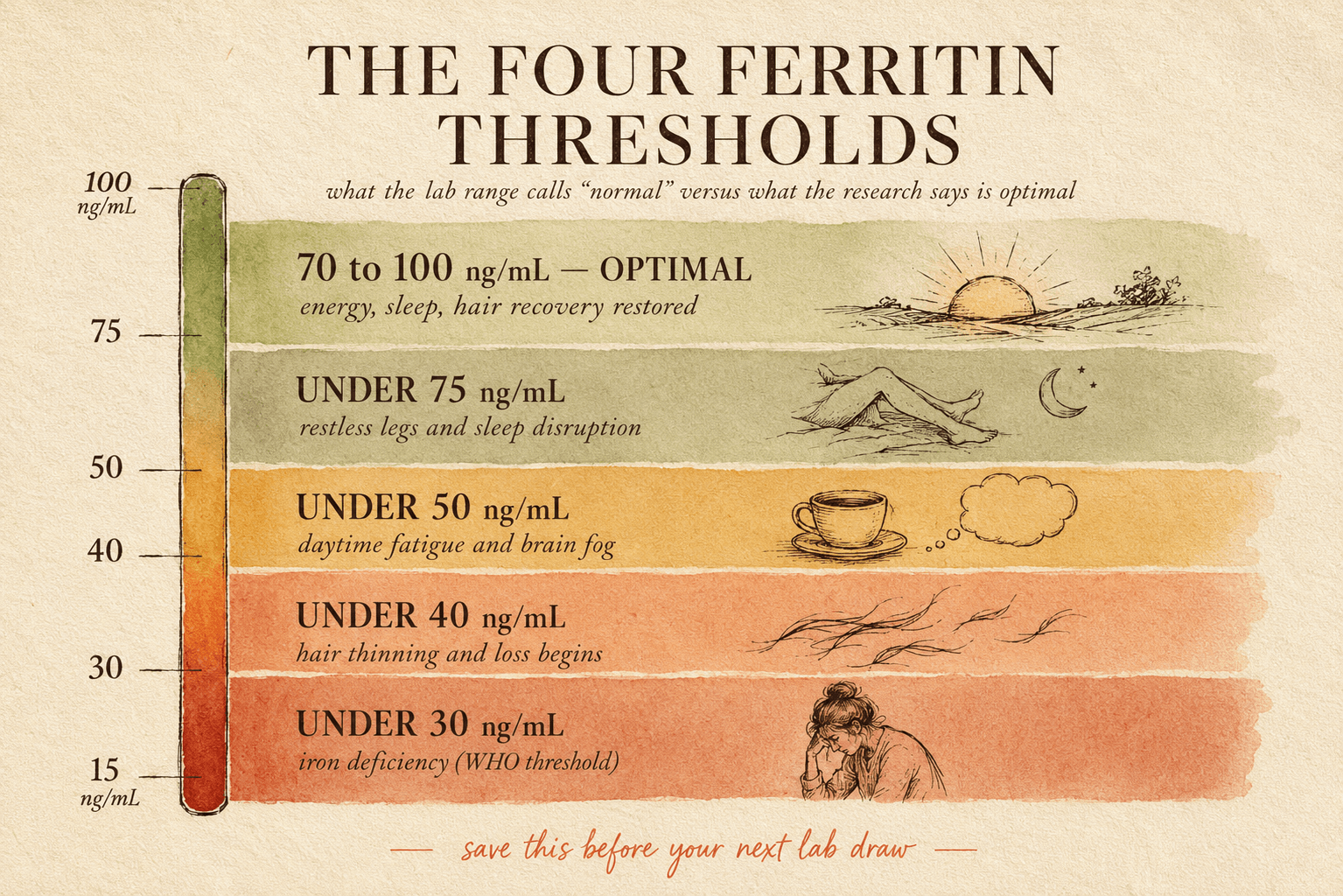 Editorial illustration of the four ferritin thresholds: under 75 ng/mL for restless legs and sleep, under 50 for fatigue, under 40 for hair loss, and under 30 for clinical iron deficiency, presented as a warm hand-drawn reference chart