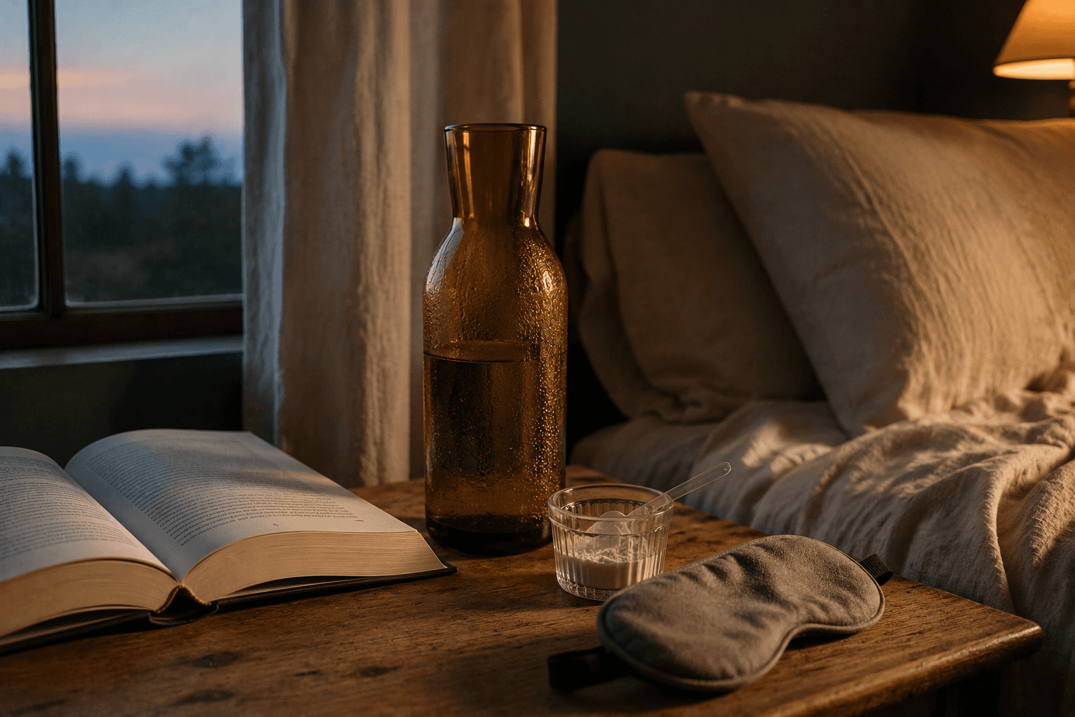 Documentary photograph of a quiet bedroom nightstand with an open book, amber water carafe, magnesium supplement scoop, and folded grey linen sleep mask in warm evening light
