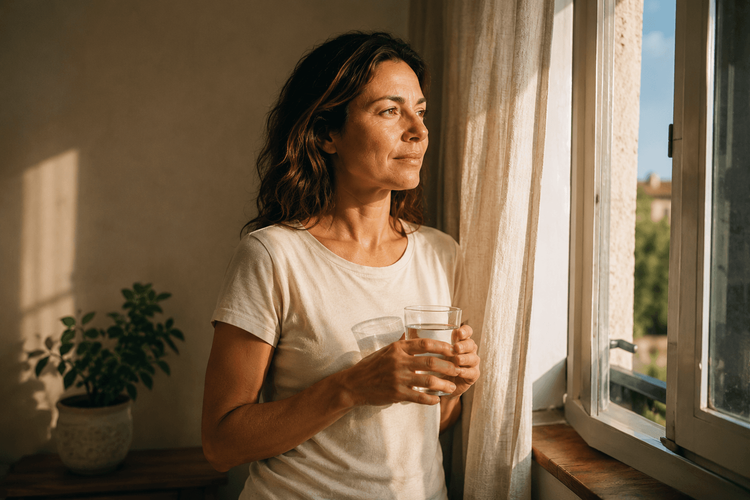 Woman standing by open window in morning light holding a glass of water, calm and oriented shortly after waking