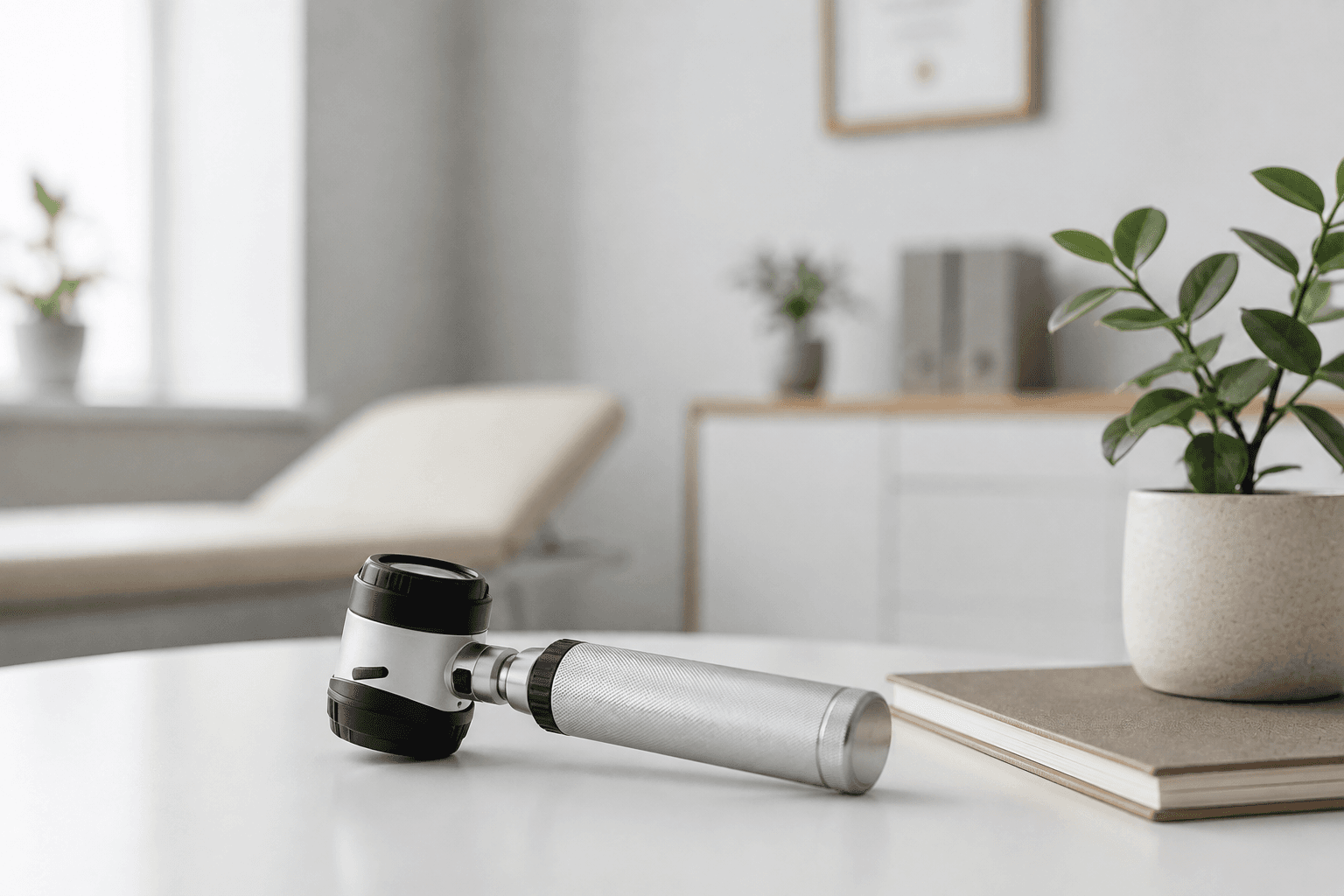 A dermatoscope resting on a clean consultation table in a calm dermatology office