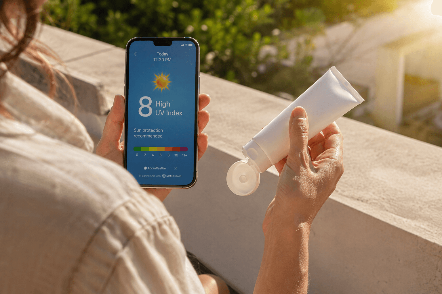 Close-up of hands checking a phone's UV index reading while holding an open tube of sunscreen in warm midday light