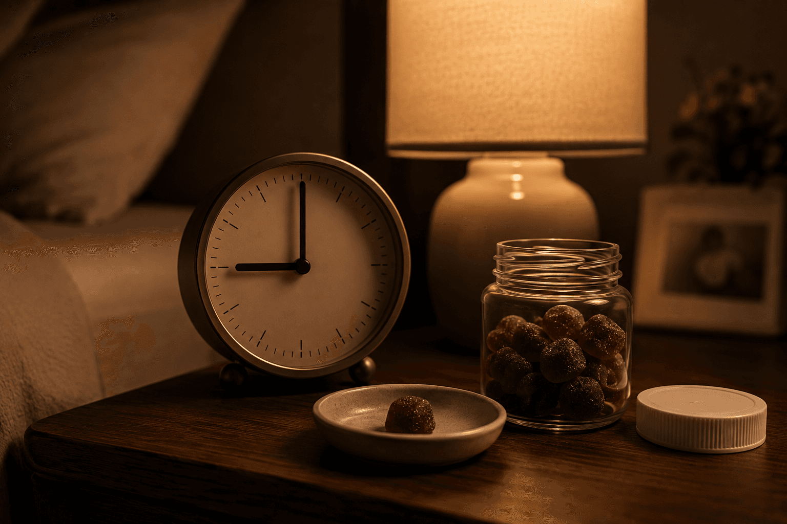 A dim bedside lamp, a clock reading nine in the evening, and an open bottle of melatonin gummies on a nightstand
