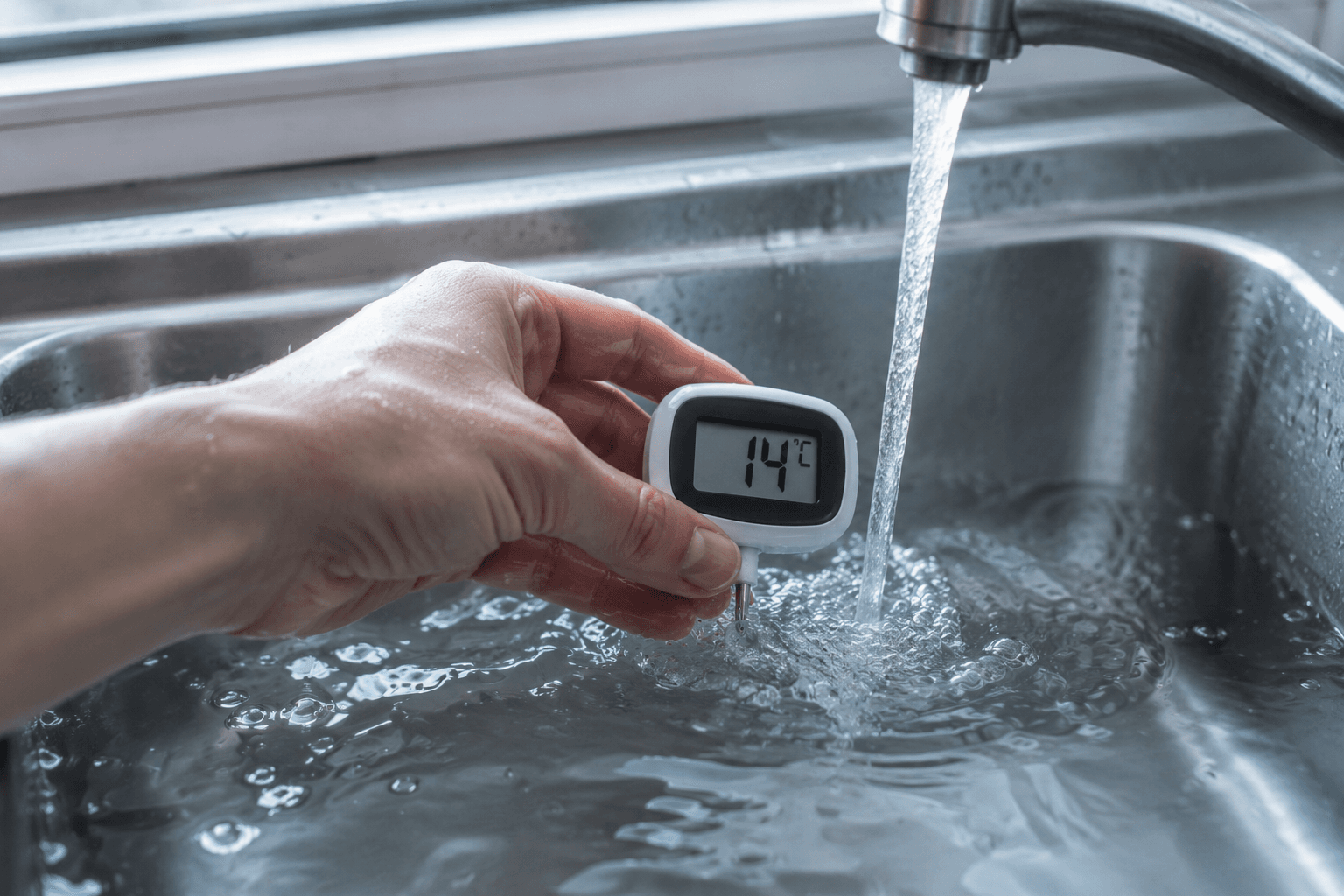 A hand testing running tap water with a small floating thermometer reading fourteen degrees Celsius in a stainless steel sink